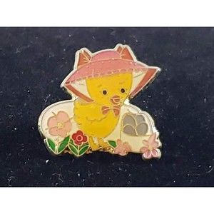 Vintage Unsigned Duck With Hat Walking Among The Flowers Pin, Metal Lapel Pin